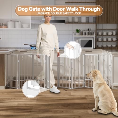 Full Metal Freestanding Dog Gate with Door (【8 Panels】160"W*36H" / White)