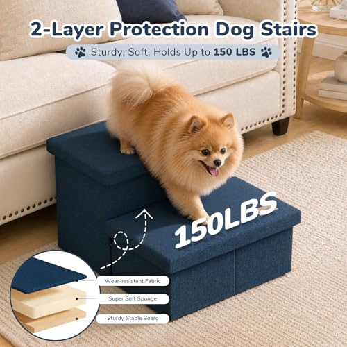 2 Step Wide Dog Stairs with Storage 11" H (Navy / 20"D x 13"W x 11"H)