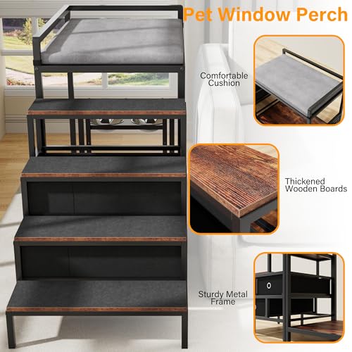Dog Window Perch with 360° & Adjustable Raised Feeder (Brown)