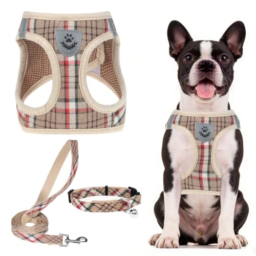 Dog Harness Collar and Leash Set No Pull for Small Medium Sized (Khaki / L (CHEST 18"-20"))