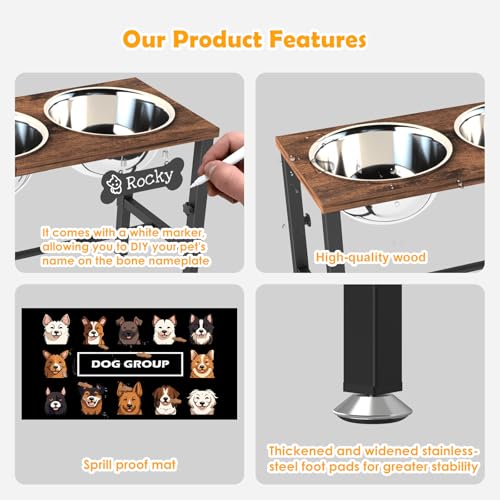 XXLarge Wooden Elevated Dog Bowl Stand (Brown-XX, 3 Bowls / Height:11.8 in-17.7 in)