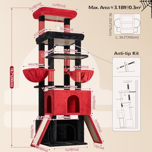 Z78 Heavy Duty Gothic Cat Tree for 20lbs Large Adult Cats (Black Red / 78 inch)
