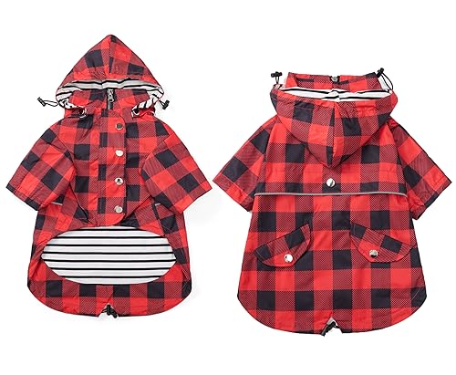 Dog rain Coat Waterproof Raincoat Puppy Jacket with Legs Buttons Zipper Hood Drawstring Fit for Yorkie Terrier Schnauzer Poodle Border Collie Labrador Golden Retriever 8lbs to 80lbs Red L (Large / Red Plaid)