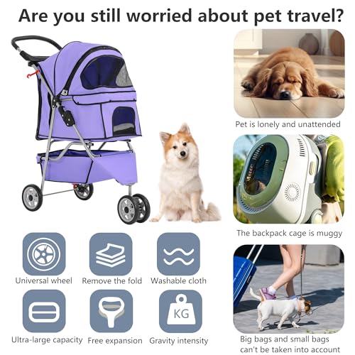 3 Wheel Foldable Pet Stroller (Purple / 3 Wheels)