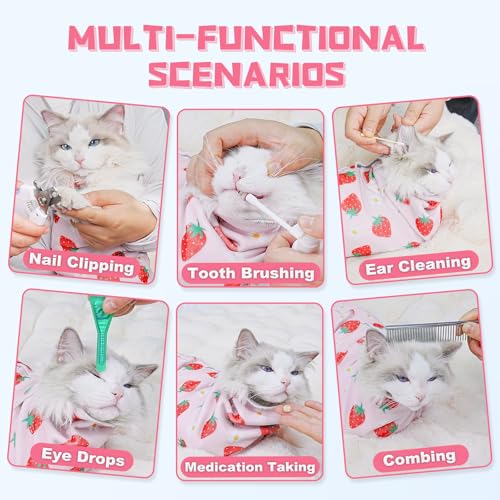 Cat Grooming Wrap for Nail Trimming (L-27.6in ( Weight:＜ 17lbs ) / Srawberry)