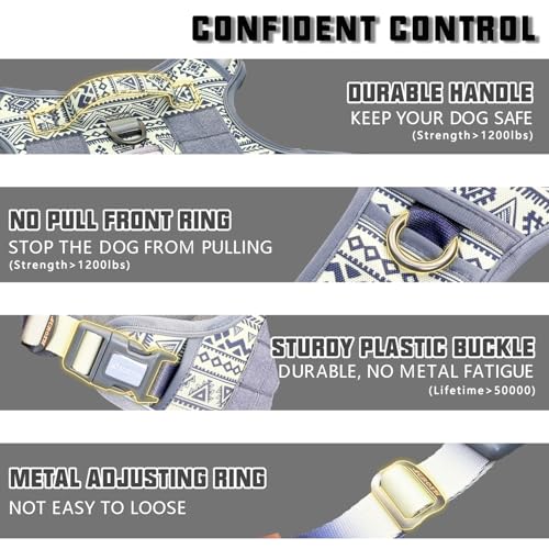Tactical Dog Harness for Large Dogs (Tribal Patterns-Grey / XL(Neck:20-31",Chest:26-42"),75-135 lbs)