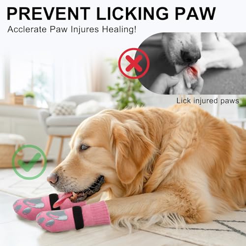 Dog Socks to Prevent Licking Paws Double Sided Grip Traction (Pink(Paw) / XL(3.1"-3.5" W | Pack of 4))