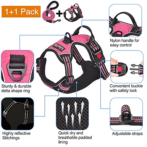 No Pull Dog Harness Adjustable Reflective Oxford Easy Control Medium Large Dog Harness with A Free Heavy Duty 5ft Dog Leash (Pink / Medium)