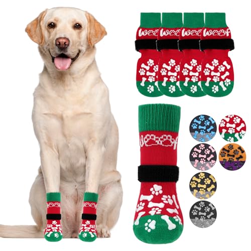 Anti Slip Dog Socks for Hot (Red&green With Woof / X-Large (4 Pack))