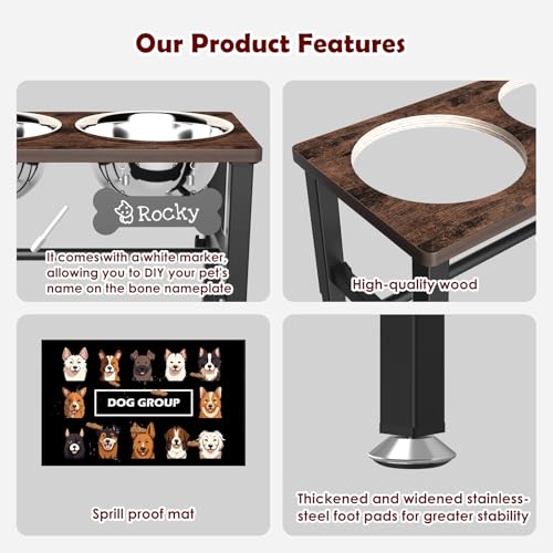 Elevated Dog Bowls with Slow Feeder & Mat for Medium and Large Dogs (Brown-1.7L)