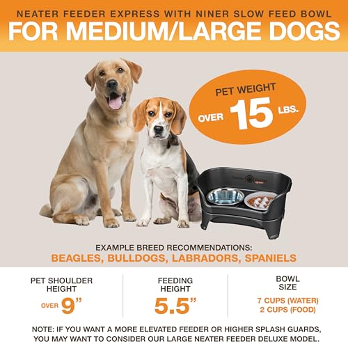 Express Mess Proof Dog Bowls Elevated for Medium and Large Breed (Medium to Large w/ 9 Peak Slow Feed Bowl / Midnight Black)