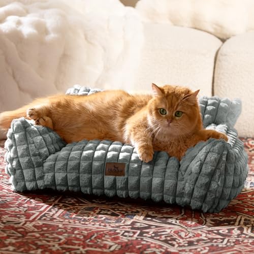 Cat Couch Bed with Fluffy Faux Rabbit Fur for Indoor Cats (Grey / Small: 24"L x 18"W x 10"Th)