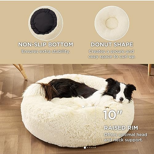 Calming Dog Beds Large Sized Dog Donut Washable Pet Bed (36"L x 36"W x 10"Th / Ivory Beige)