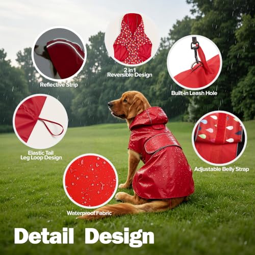 Dog Raincoat Reversible Dog Rain Jacket for Small to 3X (Red / X-Large)