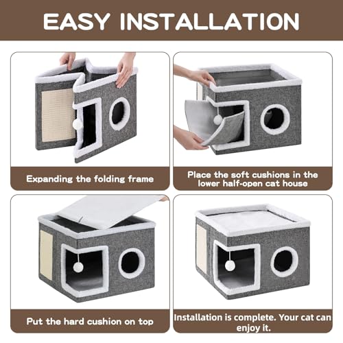 Large Cat Houses for Indoor Cats with Fluffy Ball and Scratch Pad (SingleA / Large)