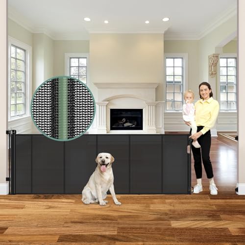 Reinforced 120 Inch Retractable Baby Gates Extra Wide Baby Gate to Prevent Crawling Through (Black / 33" Tall x 120" Wide（ With Reinforced Bar ）)