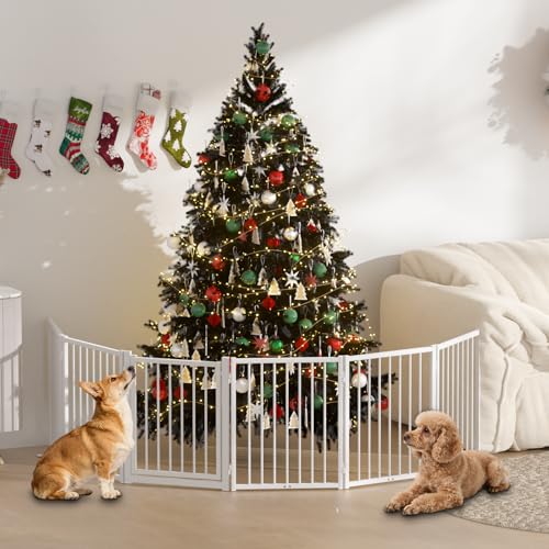 Full Metal Freestanding Dog Gate with Door (【6 Panels】120"W*24H" / White)