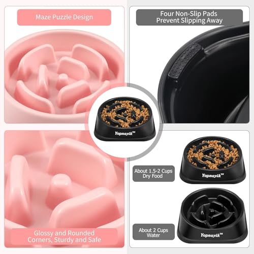 2 Pack Slow Feeder Dog Bowls for Medium Dogs & Cats (Medium / Black and Pink)