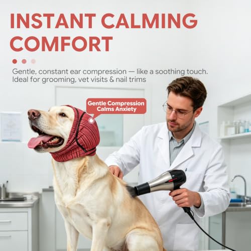Dog Ear Cover for Noise Cancelling Quiet Calming Ear Wrap for Anxious Dogs No Flap Ear Muffs for Thunder Protection Breathable Ear Protection for Grooming Travel and Daily Wear (rose red / Large)