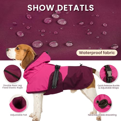 Dog Raincoat Waterproof Rain Jacket with Hood (L(Back Length16.9") / Rose Red)