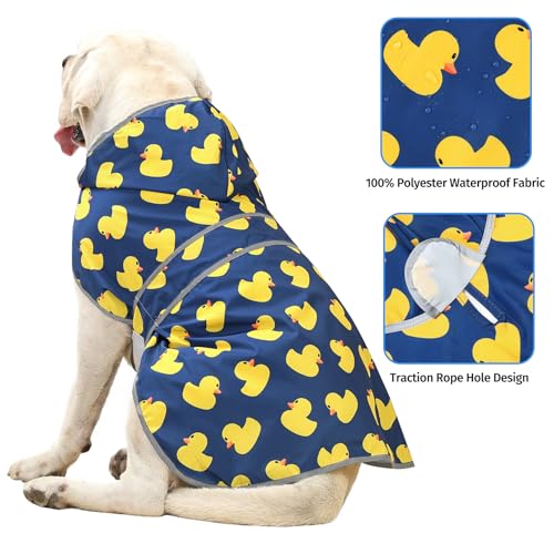 Dog Raincoat for Large Dogs Waterproof Jacket Hooded Rain Coats with Reflective Strips Leash Hole & Poncho Adjustable Fit (Blue Duck / XX-Large)