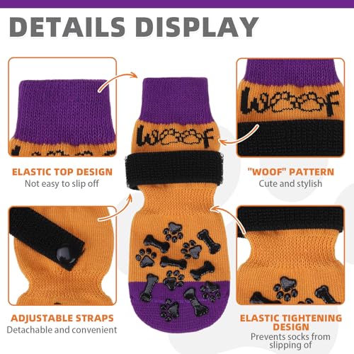 Anti Slip Halloween Dog Socks to Prevent Licking Paws (Orange&purple With Woof / Medium (4 Pack))