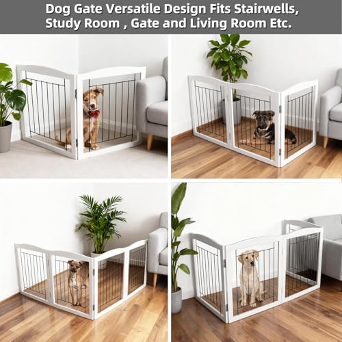 Freestanding Foldable Dog Gate for House Extra Wide Wooden White Indoor Puppy Gate Stairs Pet Gates Doorways Pet Gate Tall Dog Fence 2 Panels (White / 【2 Panels】40''w x 24''h)