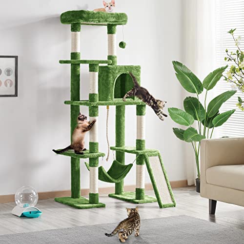 63in Sturdy Large Cat Tree for Indoor Heavy Cats (Green / 63in)