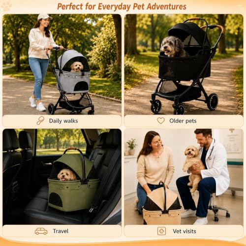 Pet Stroller with Detachable Carrier (Khaki)