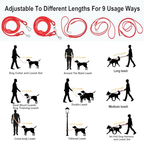 9-in-1 Hands Free Dog Leash Crossbody/Waist Red Large Dogs (Neon Coral / Large - 9mm Diameter - 20-120lbs)