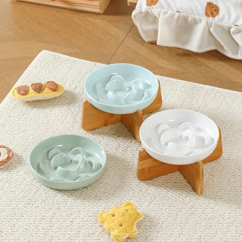 Elevated Slow Feeder Cat Bowl (White + Bamboo Base / 7"H)