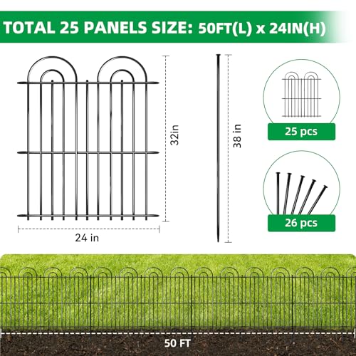 25 Panels No Dig Decorative Garden Fence (25 Pieces, 32in(H) x 50ft(L) / Black)