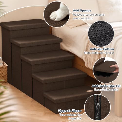 5 Step Wide Dog Stairs with Storage 23" H (Coffee / 50"D x 17"W x 23"H)