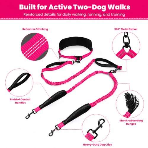 Hands Free Double Dog Leash (Bright Pink)