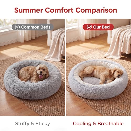 2-in-1 Convertible Cat & Dog Bed Cave with Removable Zipper Hood, Converts to Calming Donut Bed, Reversible Plush & Cooling Ice Silk Cushion (Grey, 23.6 in Medium Size) (Grey / 23.6 in Medium Size)
