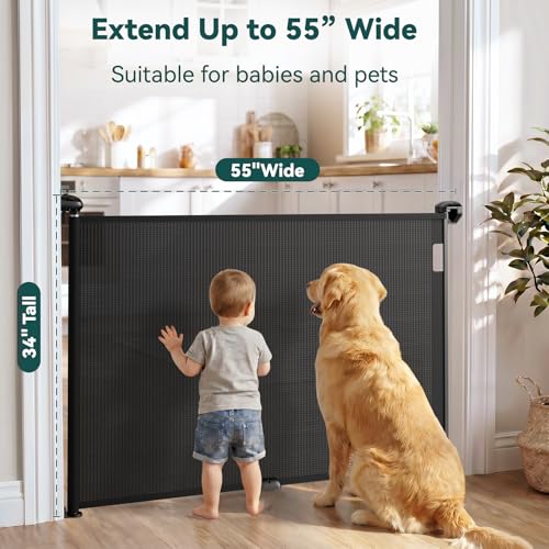 Retractable Baby Gates for Stairs (Black / 34" Tall x 54" Wide)