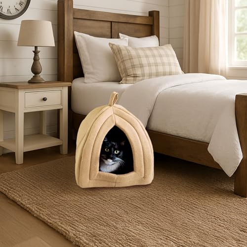 Cat House Indoor Bed with Removable Foam Cushion (Tan)