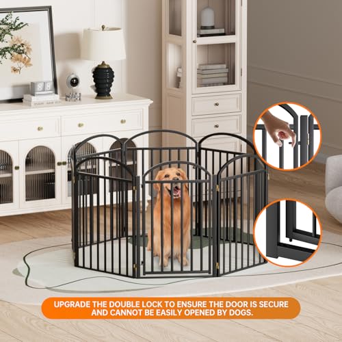 8 Panels Full Matel Freestanding Dog Gates with Door (【8 Panels with Door】192"W*32H" / Black)