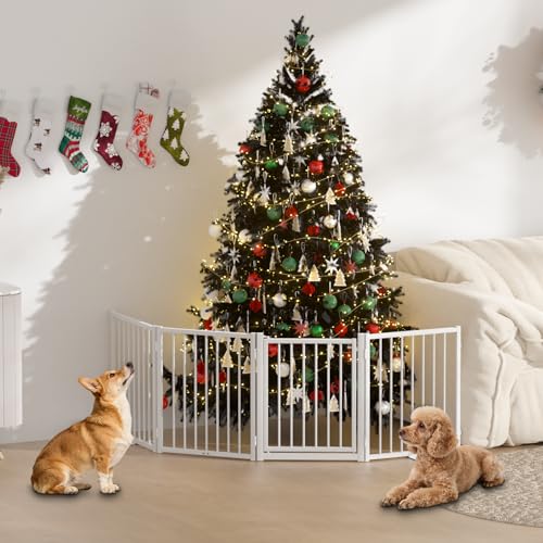 Full Metal Freestanding Dog Gate with Door (【4 Panels】80"W*24H" / White)