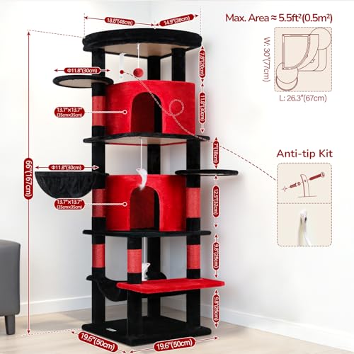 66in Gothic Corner Cat Tree for Indoor Large Cats (66inch / Red Black)