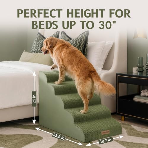 Extra Wide Dog Stairs for Large Dogs (Sage Green / Stairs- 25"H)