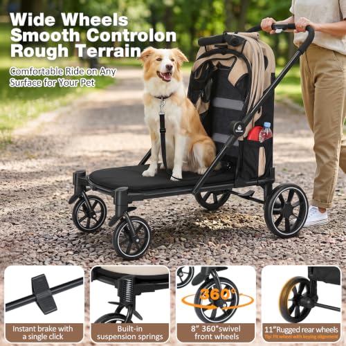 Dog Stroller for Medium Dogs 88lbs with Ramp for Easy Access Foldable Khaki (Khaki&Black)