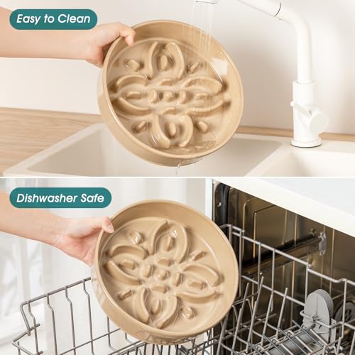 Ceramic Slow Feeder Dog Bowls (L-3 Cups / Brown)