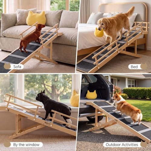 Wooden Dog Ramp for High Bed 65.7" Extra Long Solid Wood Pet Ramp with Non
