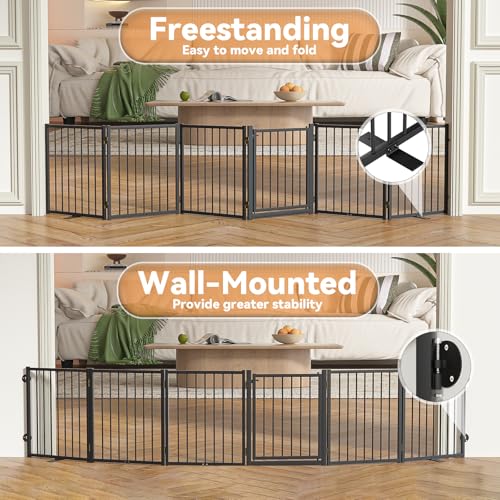 Full Metal Freestanding Dog Gate with Door (【6 Panels】120"W*24H" / Black)