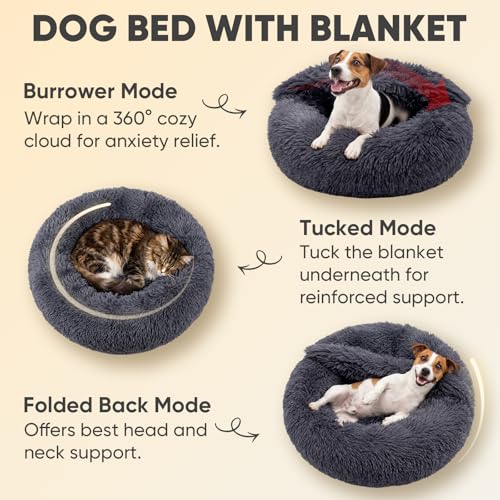 Covered Medium Dog Bed with Blanket Attached Calming Burrow Deep Grey (26.0"L x 26.0"W x 9.0"Th / Grey)