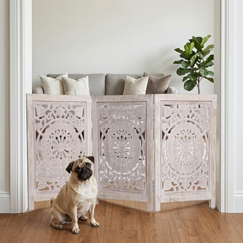 Lightnpro 3 Panel Carved Wooden Dog Gate (White Wash / 24x54 - Ember)