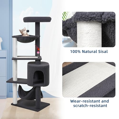 Cat Tree with Cat Condo Scratch Posts Scratch Tablet and Big Hammock (60.2'' Grey)