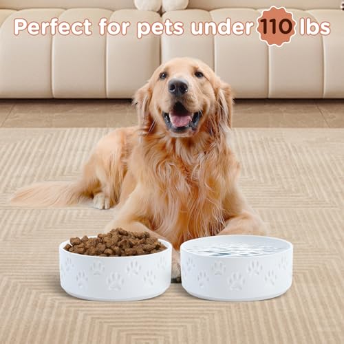 Ceramic Dog Bowls 2 Pack (8.3 in - 7.6 cups / Paw White - Only Bowls*2)