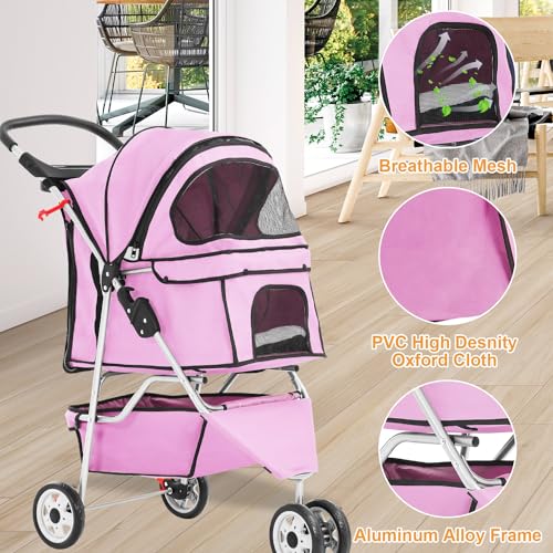 3 Wheels Pet Dog Stroller Cat Cage Jogger Stroller Cats Travel Folding Carrier Waterproof with Cup Holder & Removable Liner (Pink / 3 Wheels)